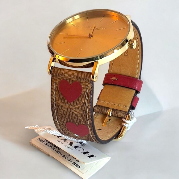 Coach Perry Brown Signature Canvas & Red Heart Watch NWT - Picture 5 of 14
